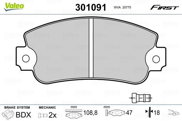 Комплект гальмівних накладок, дискове гальмо VALEO 301091