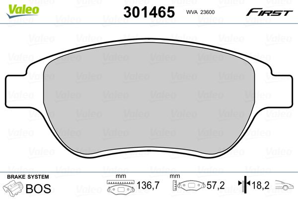 Комплект гальмівних накладок, дискове гальмо VALEO 301465