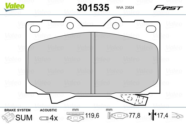 Комплект гальмівних накладок, дискове гальмо VALEO 301535