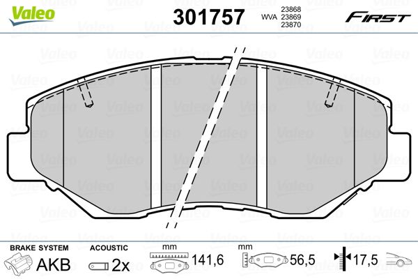 Комплект гальмівних накладок, дискове гальмо VALEO 301757