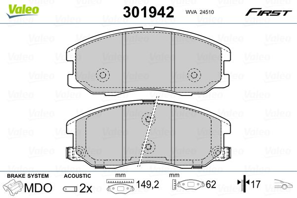 Комплект гальмівних накладок, дискове гальмо VALEO 301942