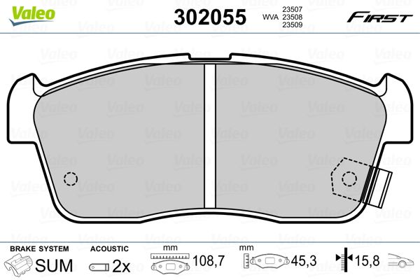 Комплект гальмівних накладок, дискове гальмо VALEO 302055