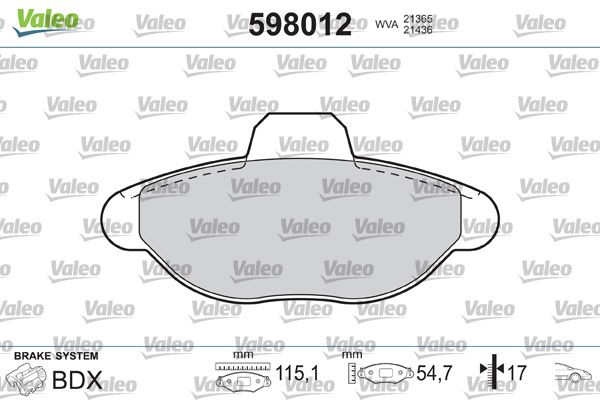 Комплект гальмівних накладок, дискове гальмо VALEO 598012