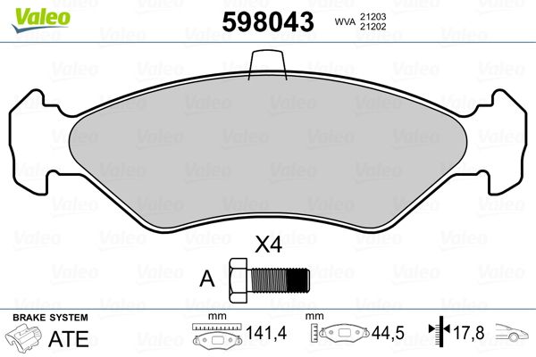 Комплект гальмівних накладок, дискове гальмо VALEO 598043