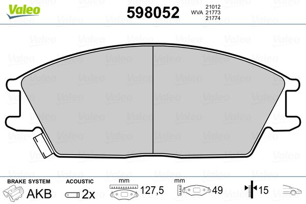 Комплект гальмівних накладок, дискове гальмо VALEO 598052