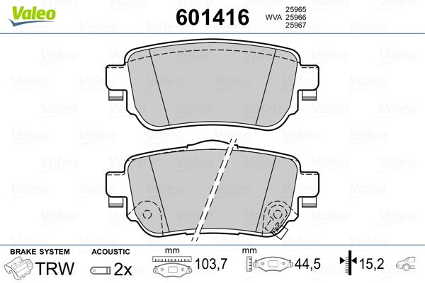 Комплект гальмівних накладок, дискове гальмо VALEO 601416