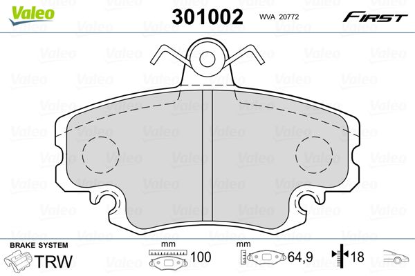 Комплект гальмівних накладок, дискове гальмо VALEO 301002