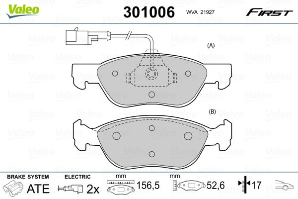 Комплект гальмівних накладок, дискове гальмо VALEO 301006