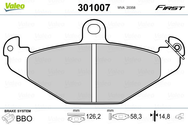 Stabdžių trinkelių rinkinys, diskinis stabdys VALEO 301007