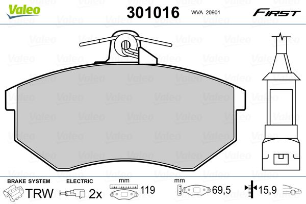 Комплект гальмівних накладок, дискове гальмо VALEO 301016