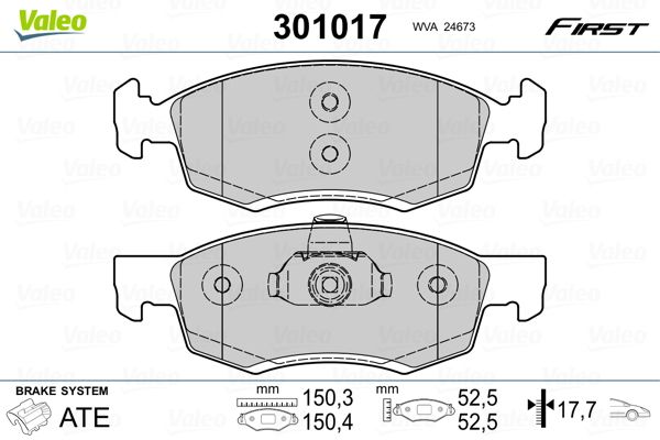 Комплект гальмівних накладок, дискове гальмо VALEO 301017