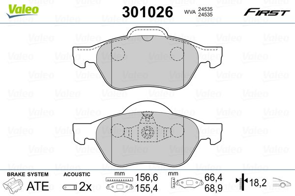 Комплект гальмівних накладок, дискове гальмо VALEO 301026