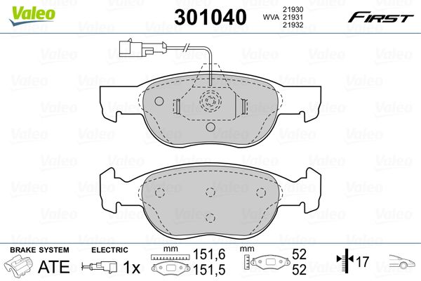 Комплект гальмівних накладок, дискове гальмо VALEO 301040