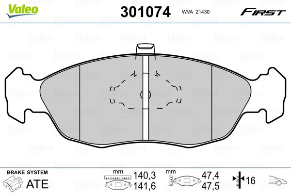 Комплект гальмівних накладок, дискове гальмо VALEO 301074