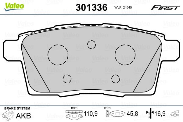 Комплект гальмівних накладок, дискове гальмо VALEO 301336