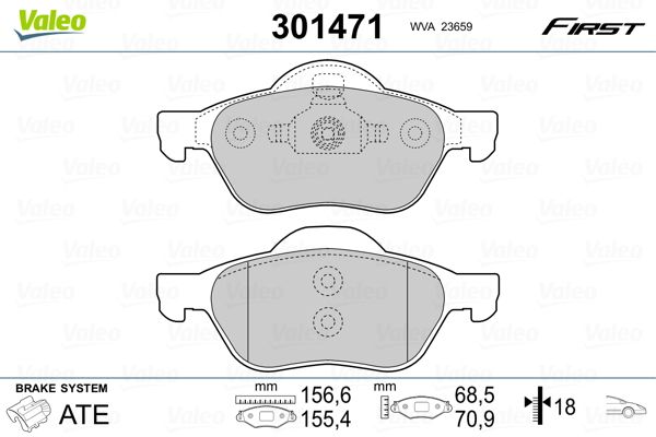 Комплект гальмівних накладок, дискове гальмо VALEO 301471