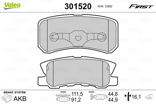 Комплект гальмівних накладок, дискове гальмо VALEO 301520