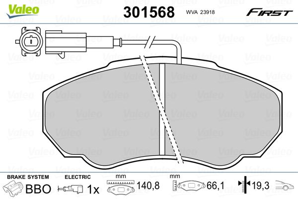 Комплект гальмівних накладок, дискове гальмо VALEO 301568