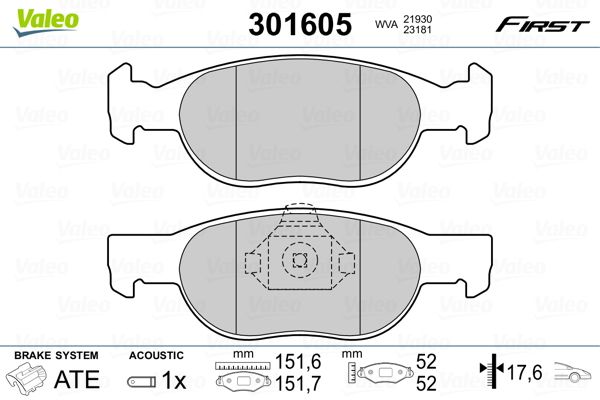 Комплект гальмівних накладок, дискове гальмо VALEO 301605