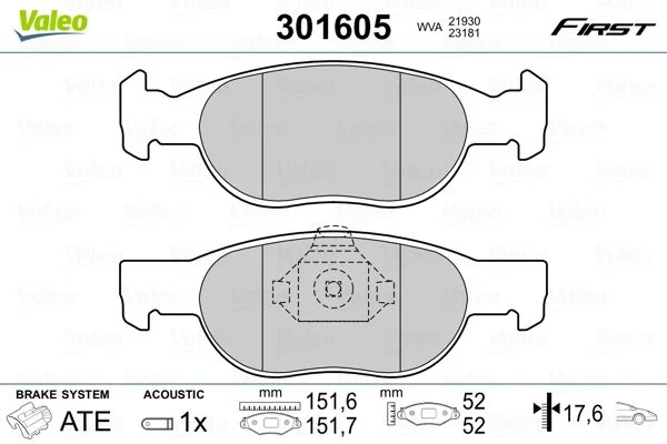 Stabdžių trinkelių rinkinys, diskinis stabdys VALEO 301605