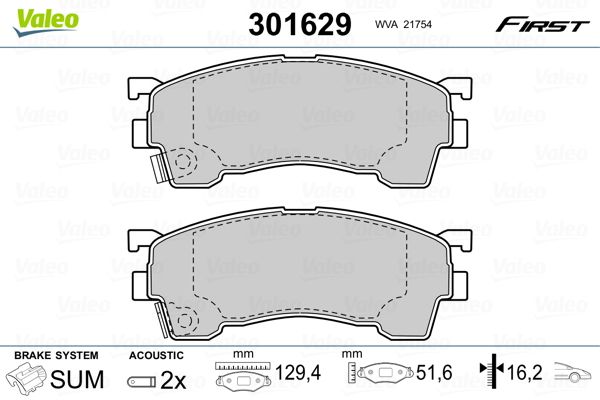 Комплект гальмівних накладок, дискове гальмо VALEO 301629