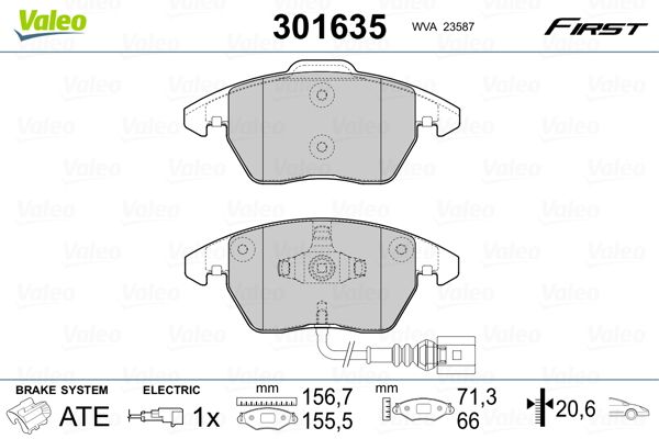 Комплект гальмівних накладок, дискове гальмо VALEO 301635