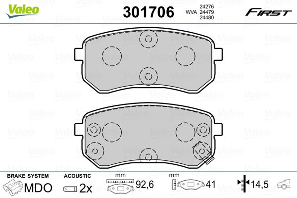 Stabdžių trinkelių rinkinys, diskinis stabdys VALEO 301706