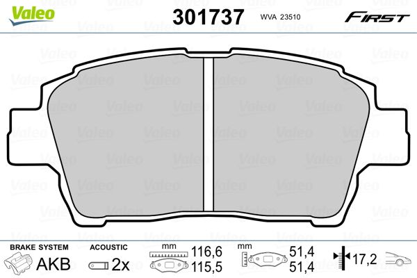 Комплект гальмівних накладок, дискове гальмо VALEO 301737