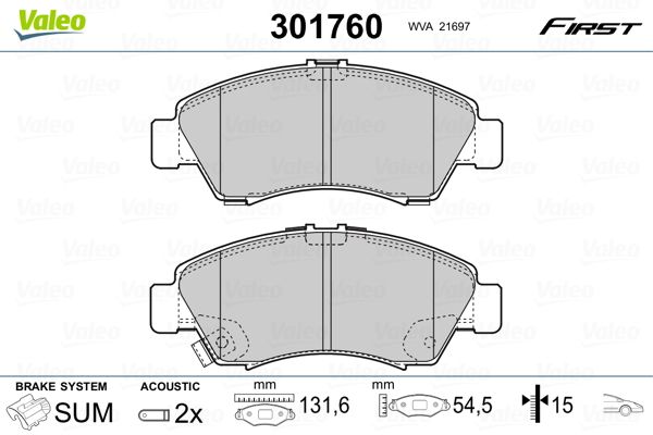 Комплект гальмівних накладок, дискове гальмо VALEO 301760