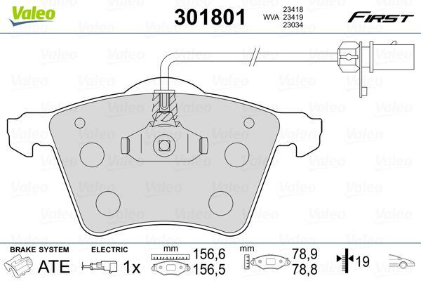 Комплект гальмівних накладок, дискове гальмо VALEO 301801