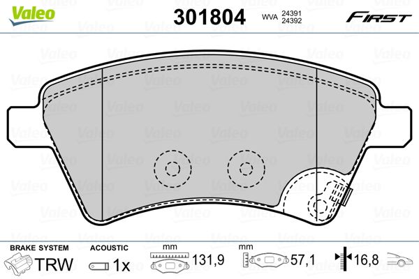 Brake Pad Set, disc brake VALEO 301804