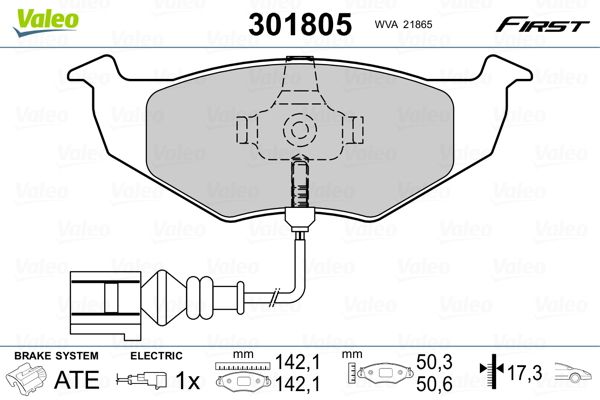 Комплект гальмівних накладок, дискове гальмо VALEO 301805