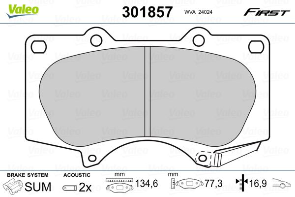 Комплект гальмівних накладок, дискове гальмо VALEO 301857