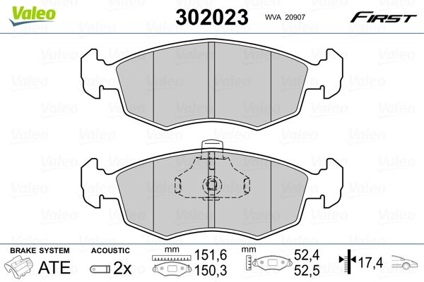 Комплект гальмівних накладок, дискове гальмо VALEO 302023