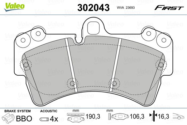 Комплект гальмівних накладок, дискове гальмо VALEO 302043