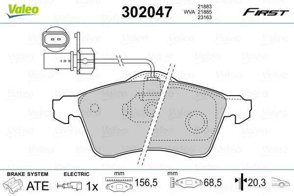 Комплект гальмівних накладок, дискове гальмо VALEO 302047