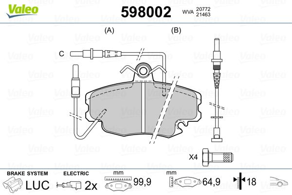 Комплект гальмівних накладок, дискове гальмо VALEO 598002