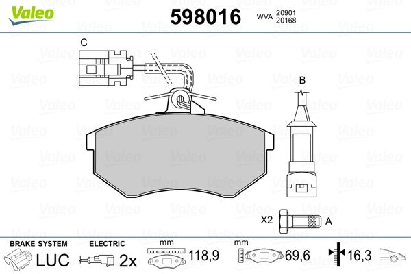 Stabdžių trinkelių rinkinys, diskinis stabdys VALEO 598016