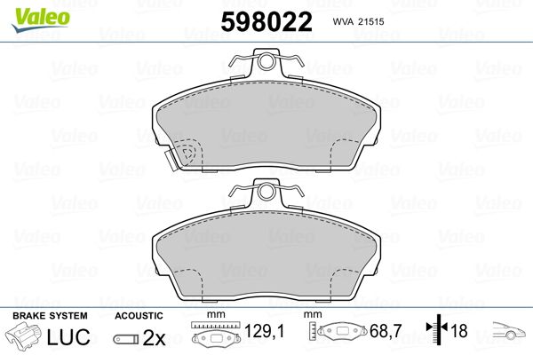 Комплект гальмівних накладок, дискове гальмо VALEO 598022