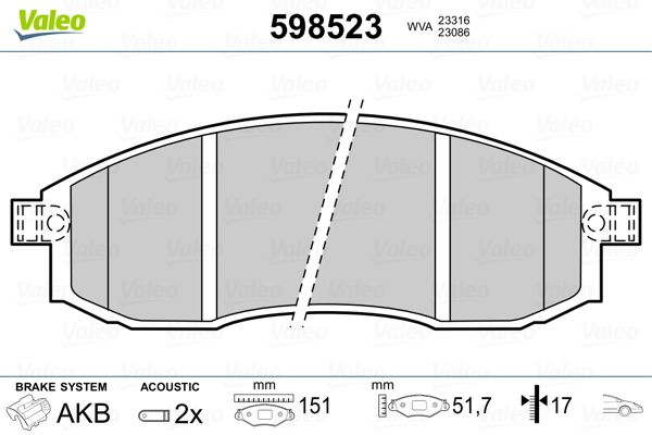 Комплект гальмівних накладок, дискове гальмо VALEO 598523