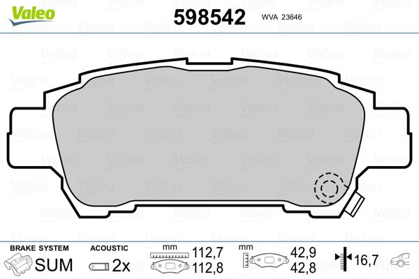 Комплект гальмівних накладок, дискове гальмо VALEO 598542