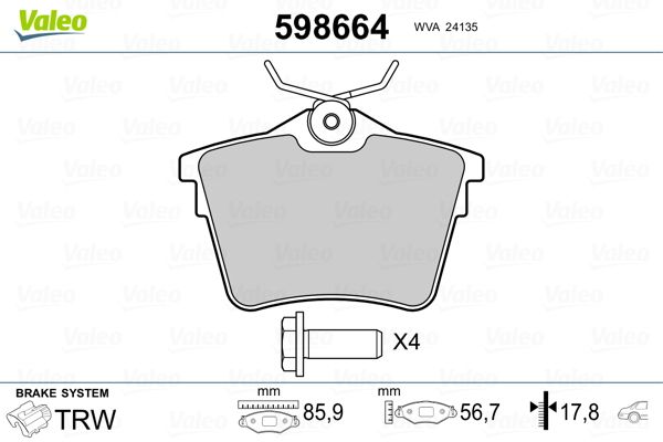 Brake Pad Set, disc brake VALEO 598664