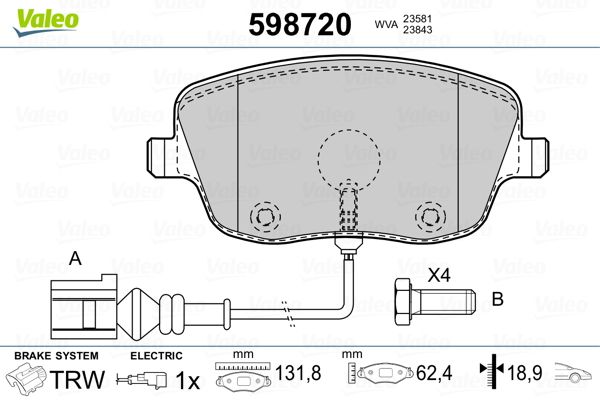 Stabdžių trinkelių rinkinys, diskinis stabdys VALEO 598720