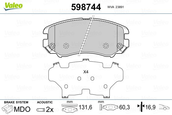 Brake Pad Set, disc brake VALEO 598744