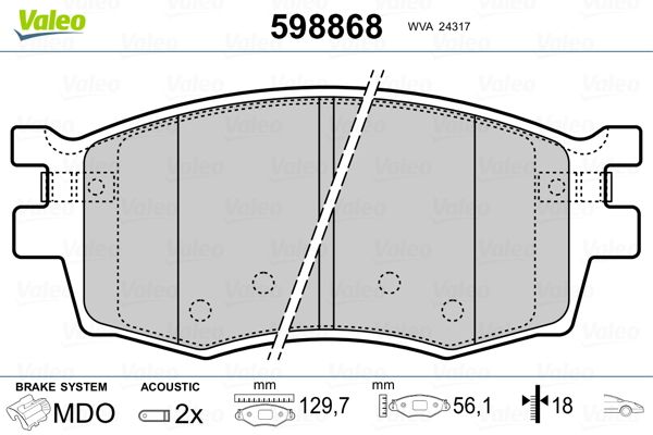 Комплект гальмівних накладок, дискове гальмо VALEO 598868