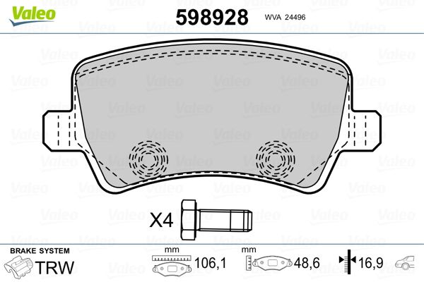 Brake Pad Set, disc brake VALEO 598928