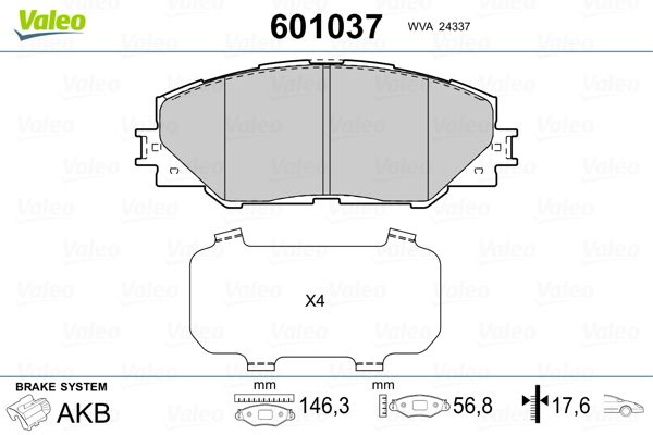 Комплект гальмівних накладок, дискове гальмо VALEO 601037