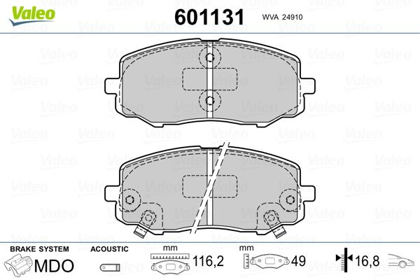 Комплект гальмівних накладок, дискове гальмо VALEO 601131