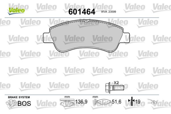 Комплект гальмівних накладок, дискове гальмо VALEO 601464