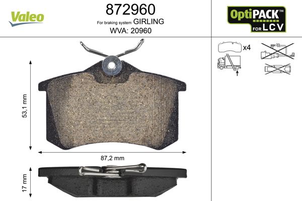 Brake Pad Set, disc brake VALEO 872960